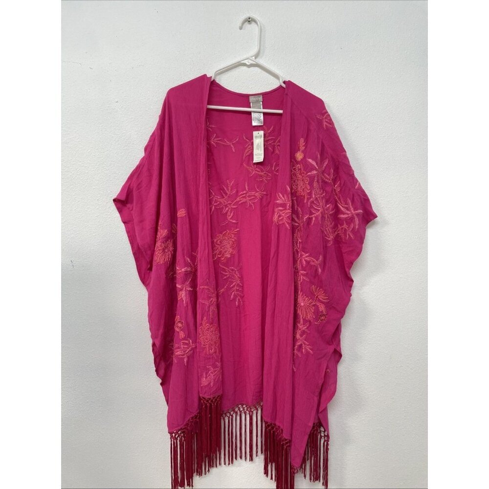 Chicos Womens Open Front Embroidered Swim Beach Cover Up Kimono One Size Fringe